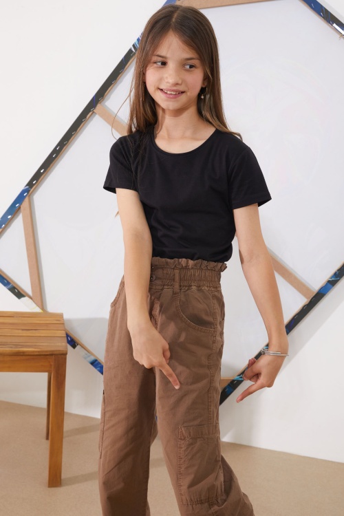 Kahverengi Yüksek Bel Çift Cepli Kız Paraşüt Pantolon 18928