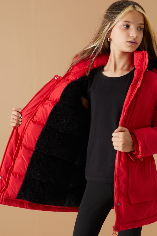 Kırmızı Kapaklı Cepli Kız Çocuk Kapüşonlu Mont 19065