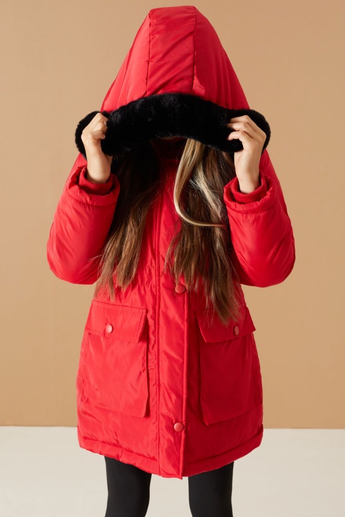 Kırmızı Kapaklı Cepli Kız Çocuk Kapüşonlu Mont 19065