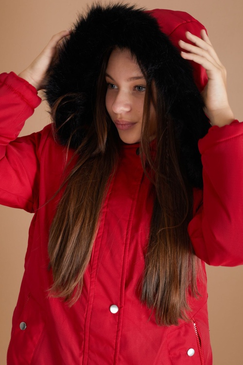 Kırmızı Kürklü İçi Astarlı Çıkarılabilir Kapüşonlu Kız Çocuk Mont 19355