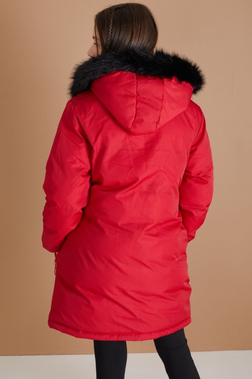 Kırmızı Kürklü İçi Astarlı Çıkarılabilir Kapüşonlu Kız Çocuk Mont 19355