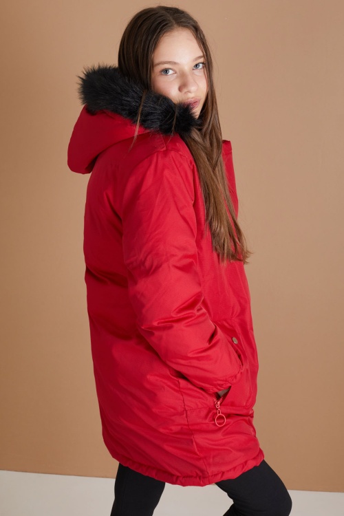 Kırmızı Kürklü İçi Astarlı Çıkarılabilir Kapüşonlu Kız Çocuk Mont 19355