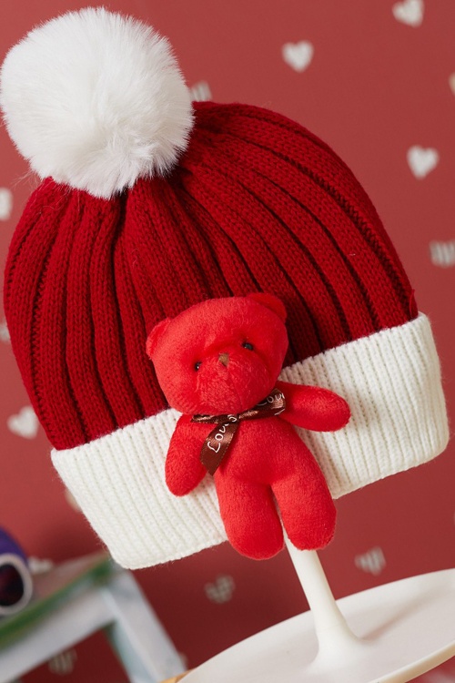 Kırmızı Sevimli Ayıcıklı Renkli Ponponlu Çocuk Bere 17243