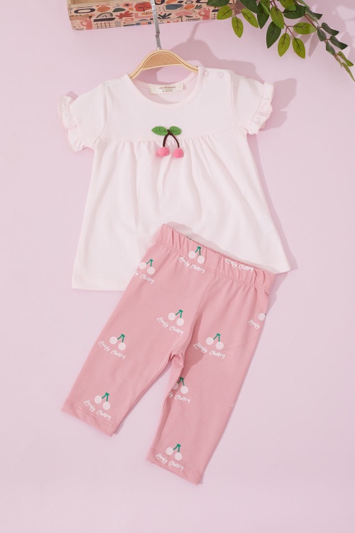 Kız Bebek Pembe Kirazlı Alt Üst Yazlık Takım 18717