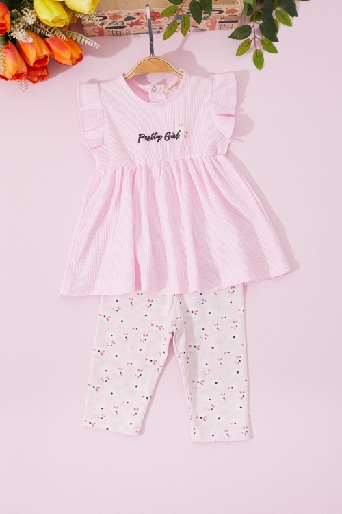 Kız Bebek Pembe Pretty Girl Yazılı Çiçekli Elbise Takımı 18721