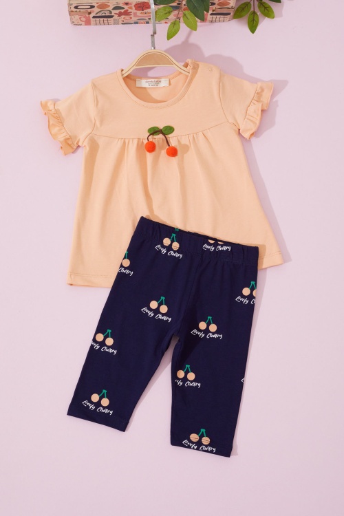 Kız Bebek Turuncu Kirazlı Alt Üst Yazlık Takım 18718