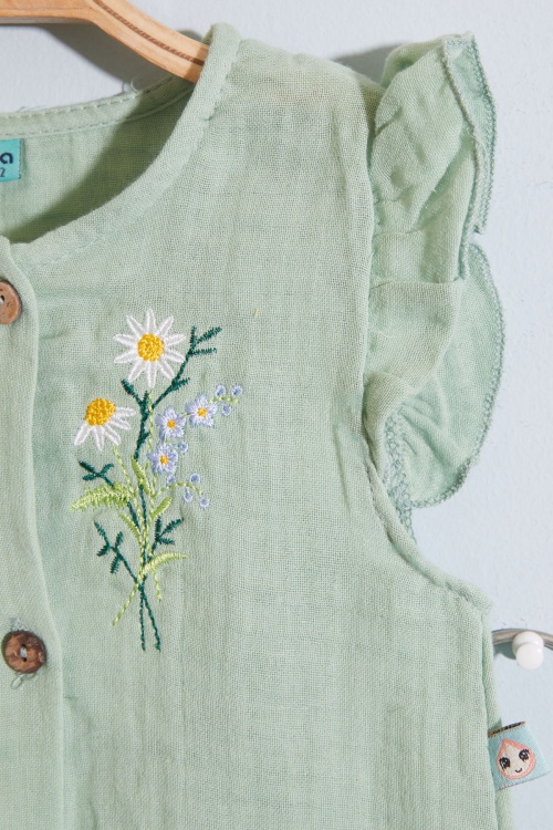 Kız Bebek Yeşil Çiçek Nakışlı Bluzlu Şortlu Takım 18914