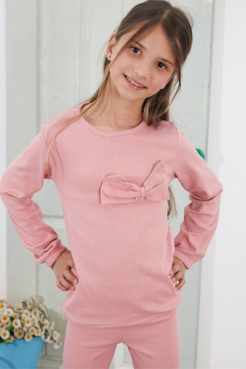 Kız Çocuk Gül Kurusu Fiyonklu İspanyol Paça Taytlı Takım 18611