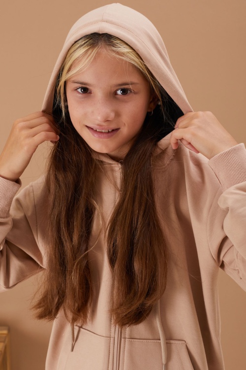 Kız Çocuk Kapüşonlu Fermuarlı Bej Okul Hırkası 16193