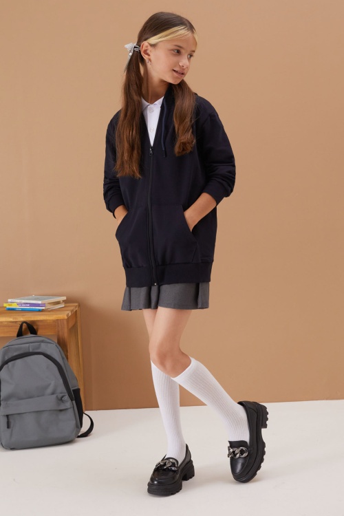 Kız Çocuk Kapüşonlu Fermuarlı Lacivert Okul Hırkası 16192