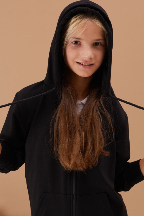 Kız Çocuk Kapüşonlu Fermuarlı Siyah Okul Hırkası 16191