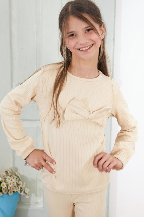 Kız Çocuk Krem Fiyonklu İspanyol Paça Taytlı Takım 18612