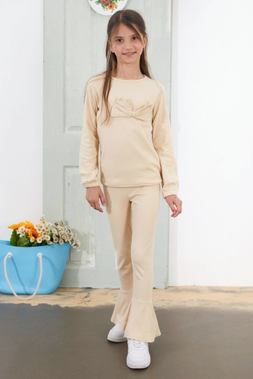 Kız Çocuk Krem Fiyonklu İspanyol Paça Taytlı Takım 18612