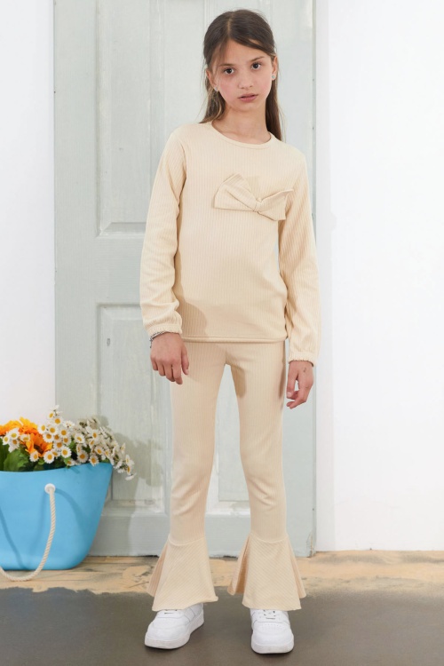 Kız Çocuk Krem Fiyonklu İspanyol Paça Taytlı Takım 18612