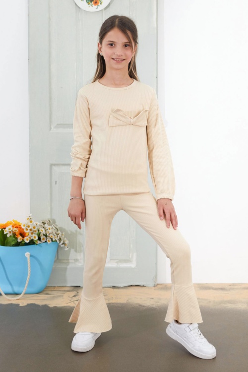 Kız Çocuk Krem Fiyonklu İspanyol Paça Taytlı Takım 18612