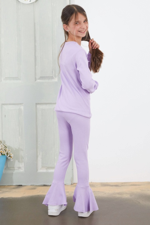 Kız Çocuk Lila Fiyonklu İspanyol Paça Taytlı Takım 18613