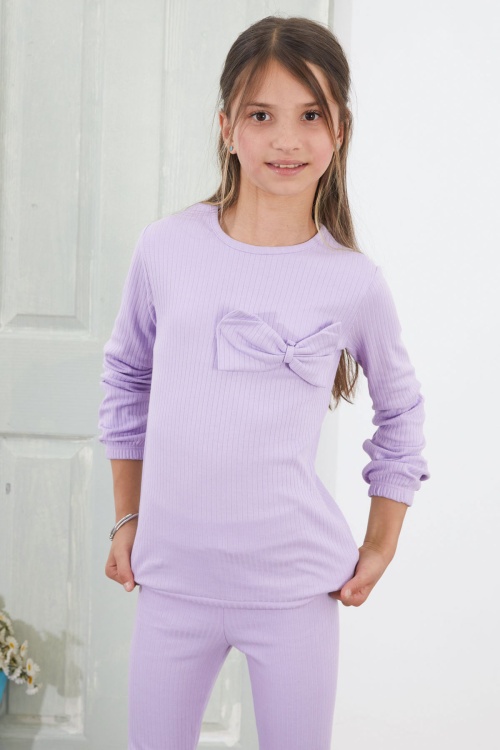 Kız Çocuk Lila Fiyonklu İspanyol Paça Taytlı Takım 18613