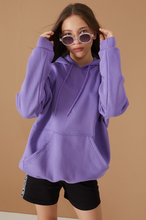Kız Çocuk Mor Basic Uzun Kol Şardonlu Kapüşonlu Sweatshirt 19187