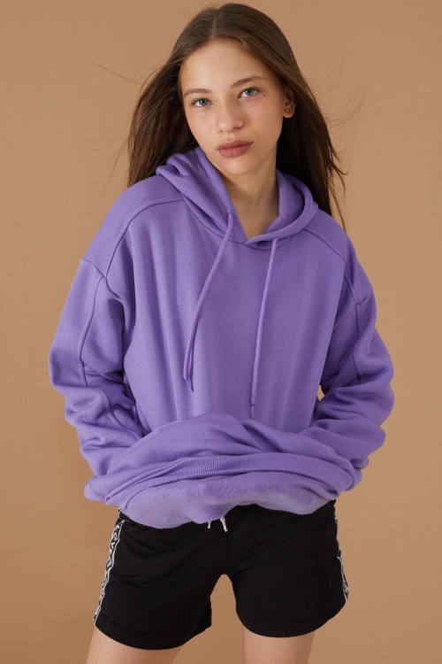 Kız Çocuk Mor Basic Uzun Kol Şardonlu Kapüşonlu Sweatshirt 19187