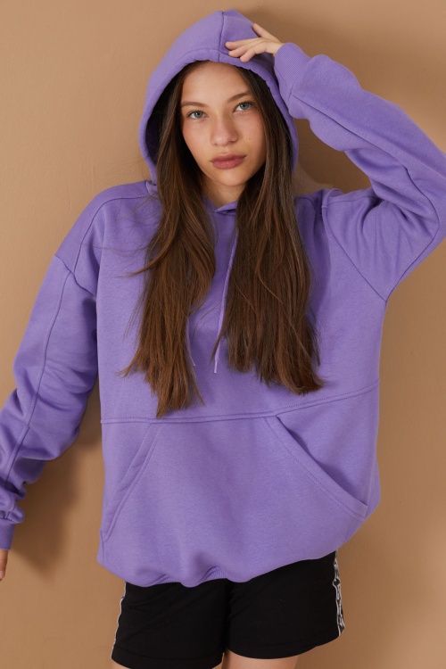 Kız Çocuk Mor Basic Uzun Kol Şardonlu Kapüşonlu Sweatshirt 19187