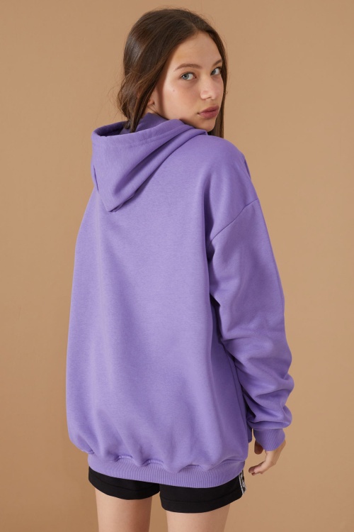 Kız Çocuk Mor Basic Uzun Kol Şardonlu Kapüşonlu Sweatshirt 19187