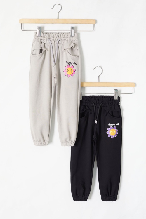 Kız Çocuk Papatya Baskılı Beli Lastikli 2li Eşofman Altı Bej-Siyah 18398