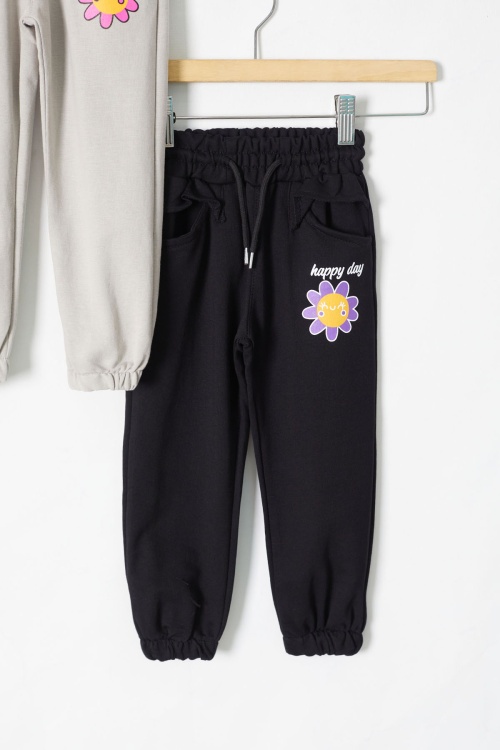 Kız Çocuk Papatya Baskılı Beli Lastikli 2li Eşofman Altı Bej-Siyah 18398