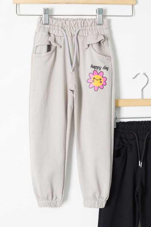 Kız Çocuk Papatya Baskılı Beli Lastikli 2li Eşofman Altı Bej-Siyah 18398