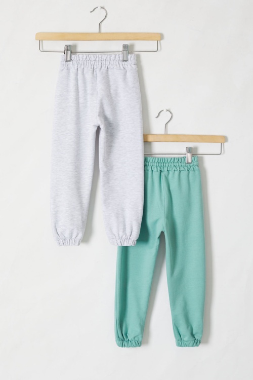 Kız Çocuk Papatya Baskılı Beli Lastikli 2li Eşofman Altı Gri-Yeşil 18395