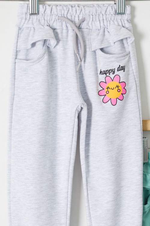 Kız Çocuk Papatya Baskılı Beli Lastikli 2li Eşofman Altı Gri-Yeşil 18395