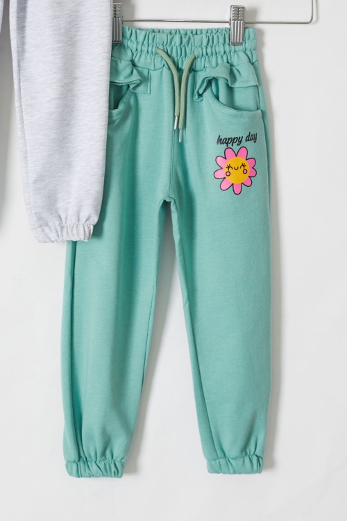 Kız Çocuk Papatya Baskılı Beli Lastikli 2li Eşofman Altı Gri-Yeşil 18395