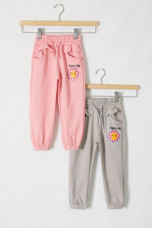 Kız Çocuk Papatya Baskılı Beli Lastikli 2li Eşofman Altı Pembe-Bej 18396