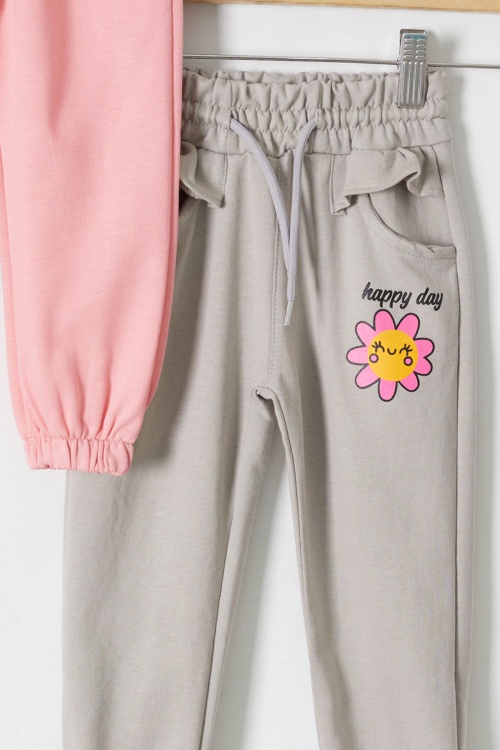 Kız Çocuk Papatya Baskılı Beli Lastikli 2li Eşofman Altı Pembe-Bej 18396