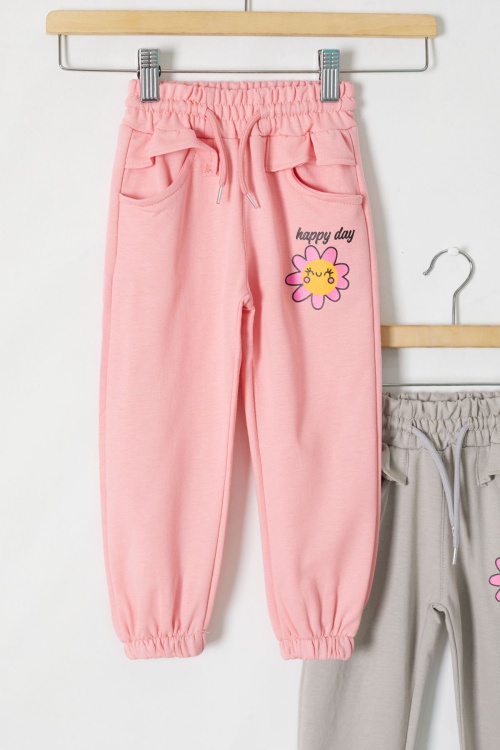 Kız Çocuk Papatya Baskılı Beli Lastikli 2li Eşofman Altı Pembe-Bej 18396