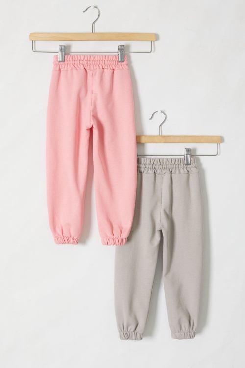 Kız Çocuk Papatya Baskılı Beli Lastikli 2li Eşofman Altı Pembe-Bej 18396