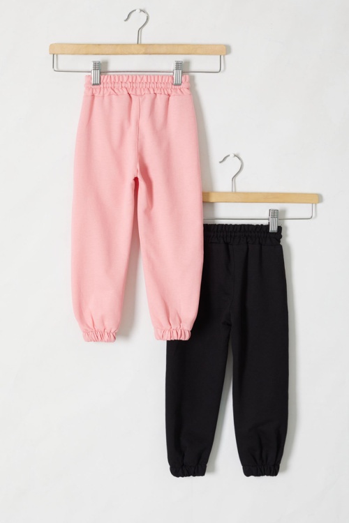 Kız Çocuk Papatya Baskılı Beli Lastikli 2li Eşofman Altı Siyah-Pembe 18397