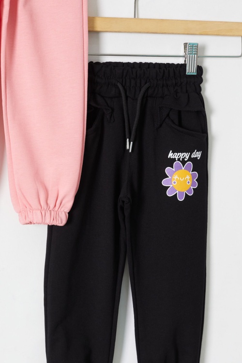 Kız Çocuk Papatya Baskılı Beli Lastikli 2li Eşofman Altı Siyah-Pembe 18397