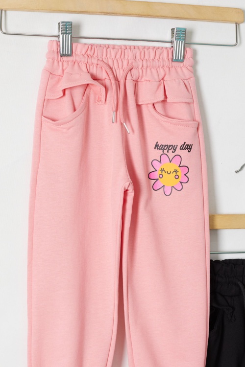 Kız Çocuk Papatya Baskılı Beli Lastikli 2li Eşofman Altı Siyah-Pembe 18397