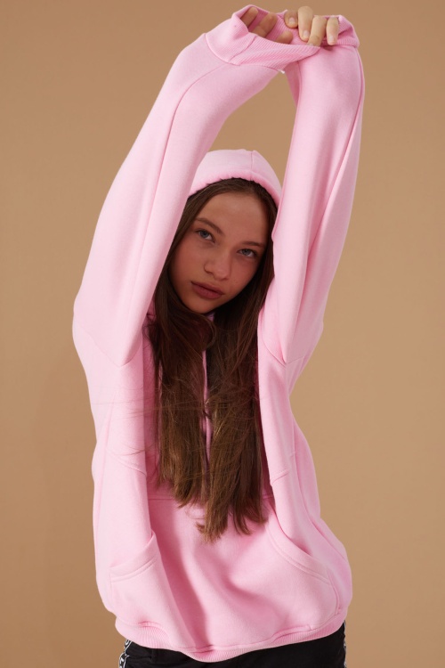 Kız Çocuk Pembe Basic Uzun Kol Şardonlu Kapüşonlu Sweatshirt 19186