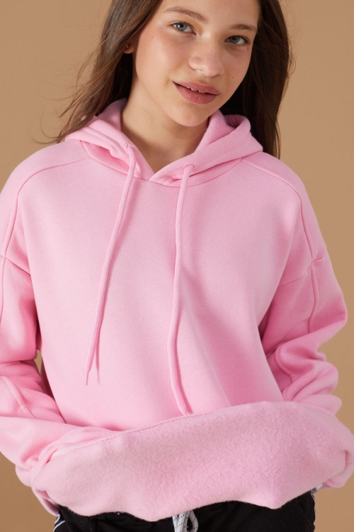 Kız Çocuk Pembe Basic Uzun Kol Şardonlu Kapüşonlu Sweatshirt 19186