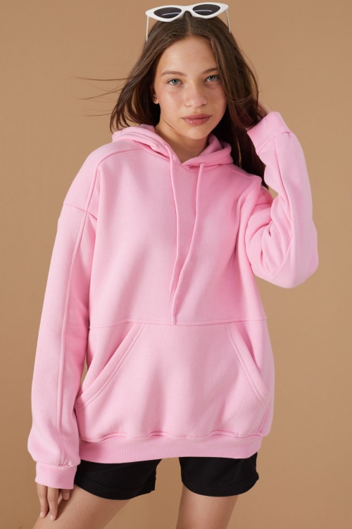 Kız Çocuk Pembe Basic Uzun Kol Şardonlu Kapüşonlu Sweatshirt 19186
