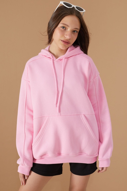 Kız Çocuk Pembe Basic Uzun Kol Şardonlu Kapüşonlu Sweatshirt 19186