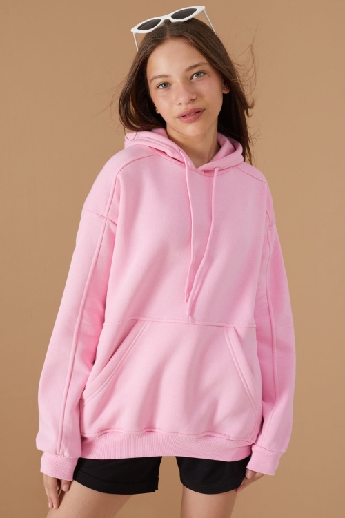 Kız Çocuk Pembe Basic Uzun Kol Şardonlu Kapüşonlu Sweatshirt 19186