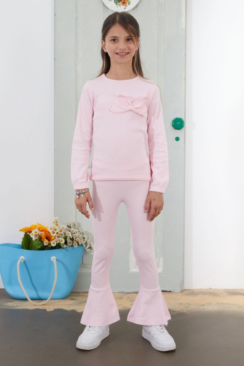 Kız Çocuk Pembe Fiyonklu İspanyol Paça Taytlı Takım 18610