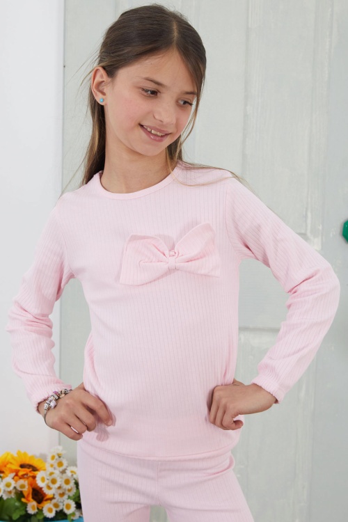 Kız Çocuk Pembe Fiyonklu İspanyol Paça Taytlı Takım 18610