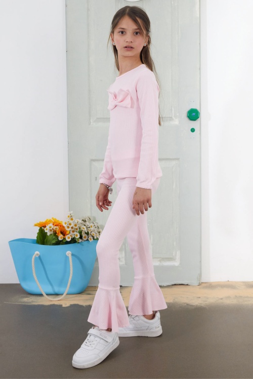 Kız Çocuk Pembe Fiyonklu İspanyol Paça Taytlı Takım 18610