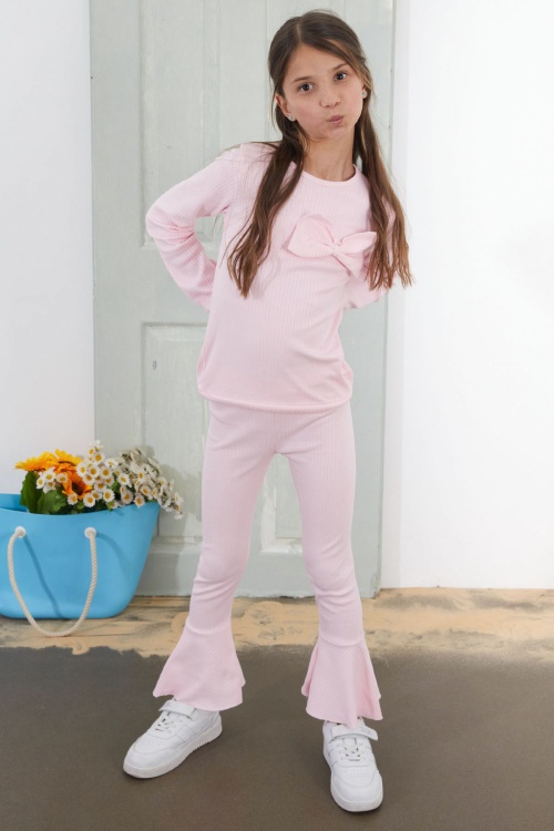 Kız Çocuk Pembe Fiyonklu İspanyol Paça Taytlı Takım 18610