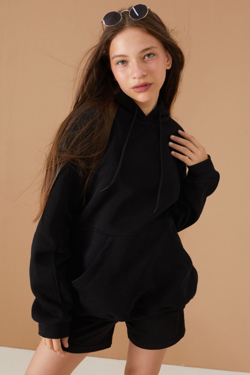 Kız Çocuk Siyah Basic Uzun Kol Şardonlu Kapüşonlu Sweatshirt 19185