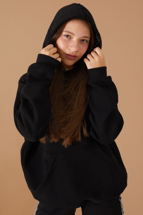 Kız Çocuk Siyah Basic Uzun Kol Şardonlu Kapüşonlu Sweatshirt 19185
