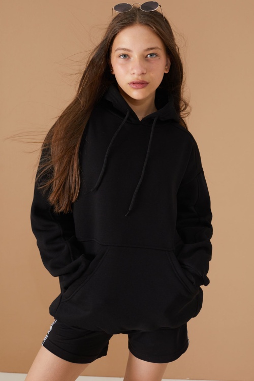 Kız Çocuk Siyah Basic Uzun Kol Şardonlu Kapüşonlu Sweatshirt 19185